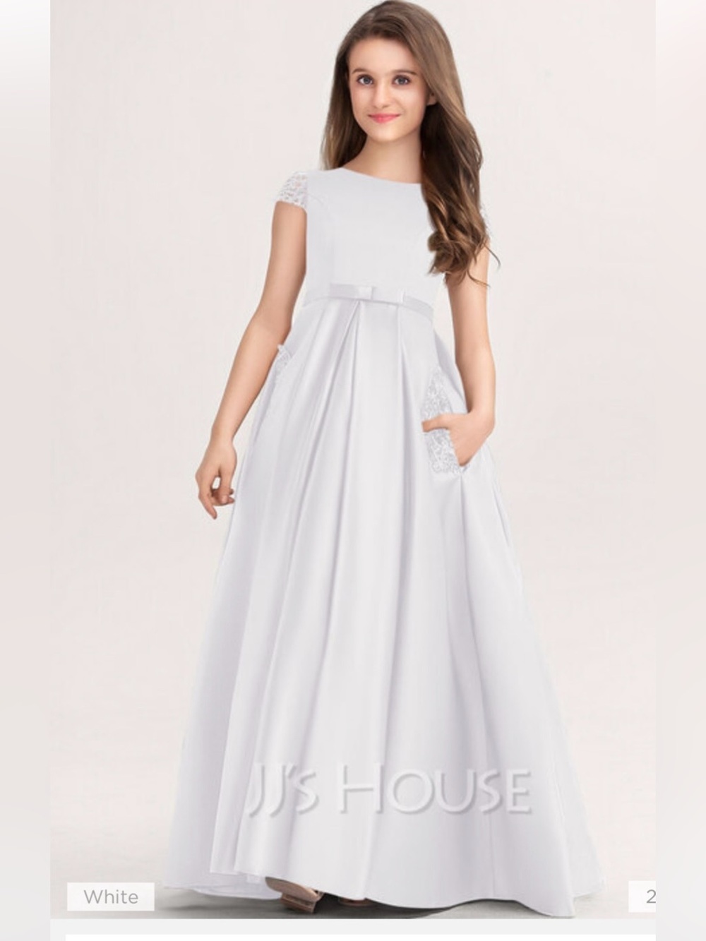 JJs House White Satin Lace-Cap Sleeve Flower Girl Gown